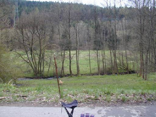 Blind und 2 Markierungen auf der Wiese jenseits von Bach und Bäumen; hinter den Bäumen am rechten Bildrand verschwand der Gummihase